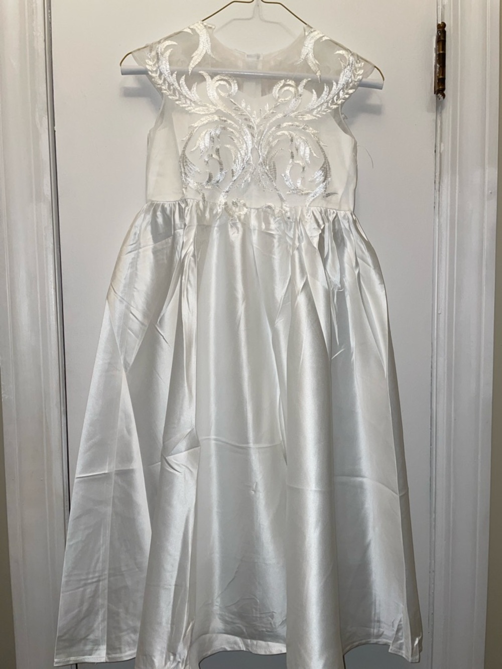 Girls' White Satin Embroidered Bodice Dress
